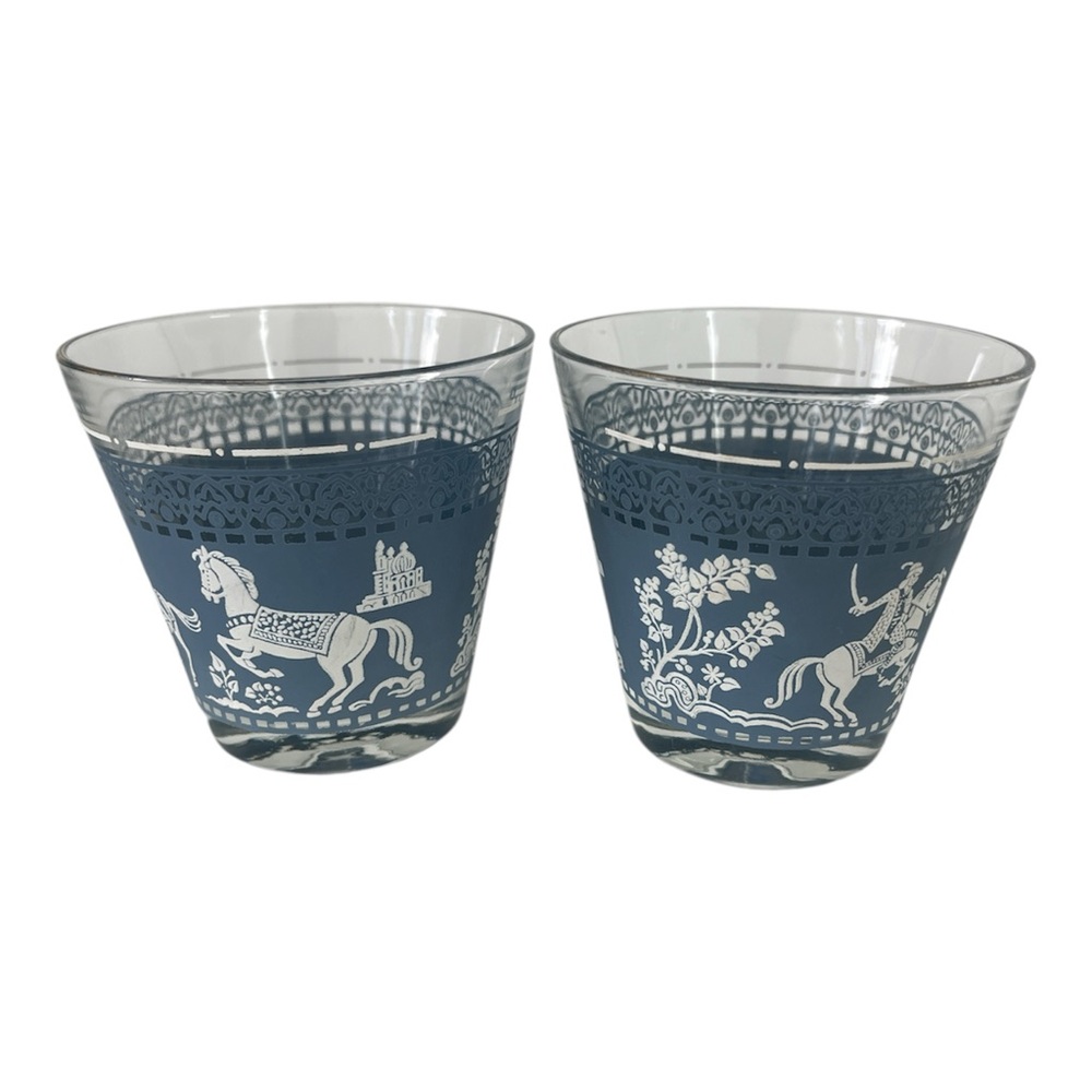 Jeanette Glass Wedgwood Style Grecian Blue Hellenic Horse Rider Lion Glasses 2